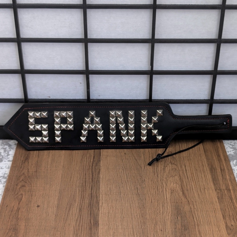 Black Leather‎ Studded SPANK Paddle Red Contrast Stitching Silver Pyramid Studs